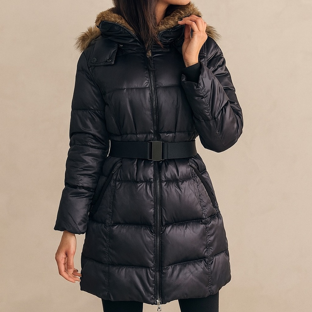 S13/NYC Black Puffer Belted Long Faux Fur Jacket Size Small